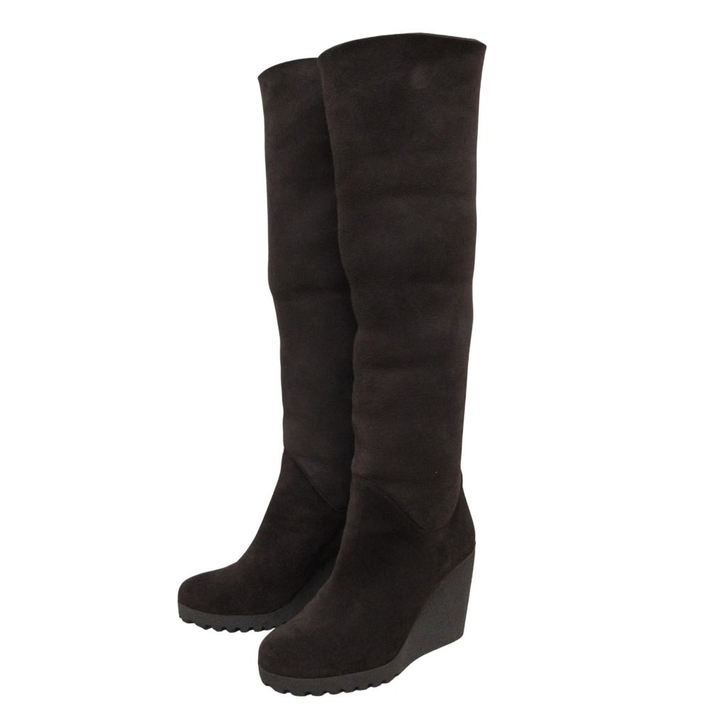 フェンディ　ロングブーツ　ムートン　スエード　ウェッジソール　黒　24cm 美品 FENDI フェンディ ズッカ柄 ウエッジソール ロングブーツ