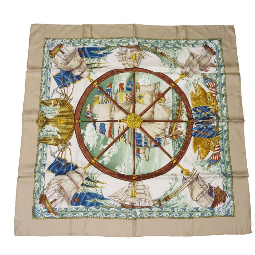 HERMES エルメス カレ90 Vive le vent 風よ吹け シルク スカーフ ベージュ マルチカラー レディース 古着