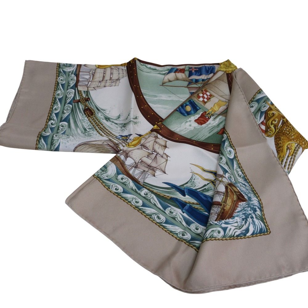 HERMES エルメス カレ90 Vive le vent 風よ吹け シルク スカーフ ベージュ マルチカラー レディース 古着