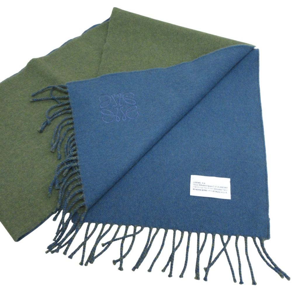 LOEWE ロエベ アナグラム刺繍 カシミヤブレンド フリンジ バイカラーマフラー カーキ ブルー レディース 古着