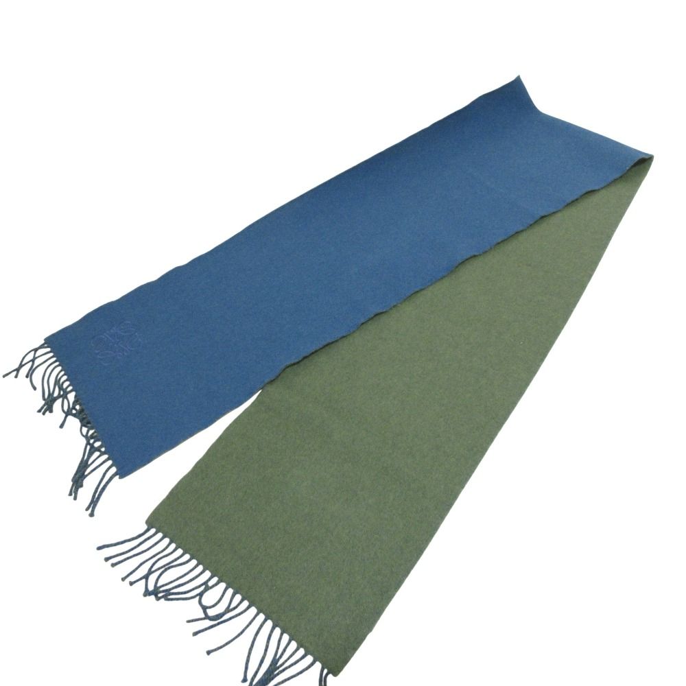  LOEWE ロエベ アナグラム刺繍 カシミヤブレンド フリンジ バイカラーマフラー カーキ ブルー レディース 古着 マフラー 小物