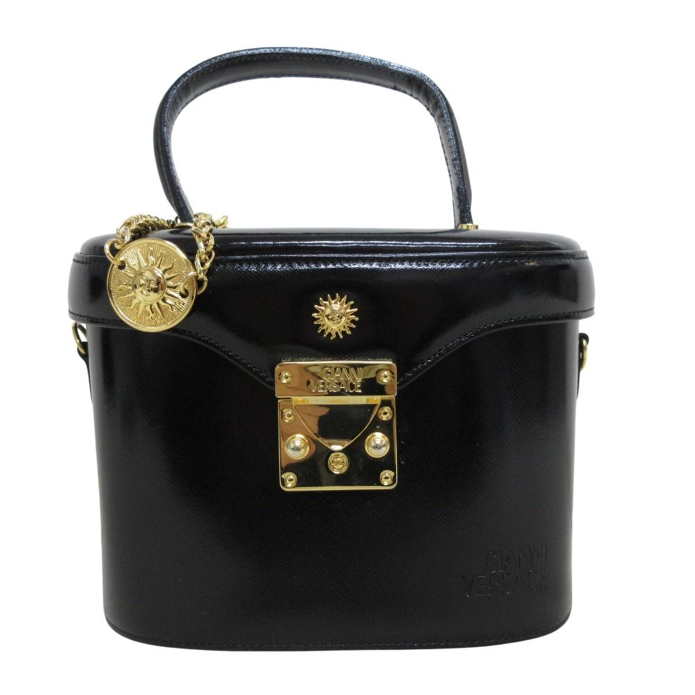 GIANNI VERSACE ジャンニヴェルサーチ レザー バニティバッグ ショルダーバッグ ブラック ゴールド レディース 古着