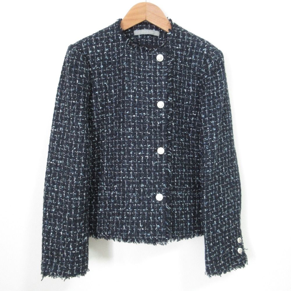 theory luxe ツイードダブルブレストジャケット38 ネイビー　セオリー 美品 theory luxe ツイード ニットジャケット ノーカラー 38 セオリー