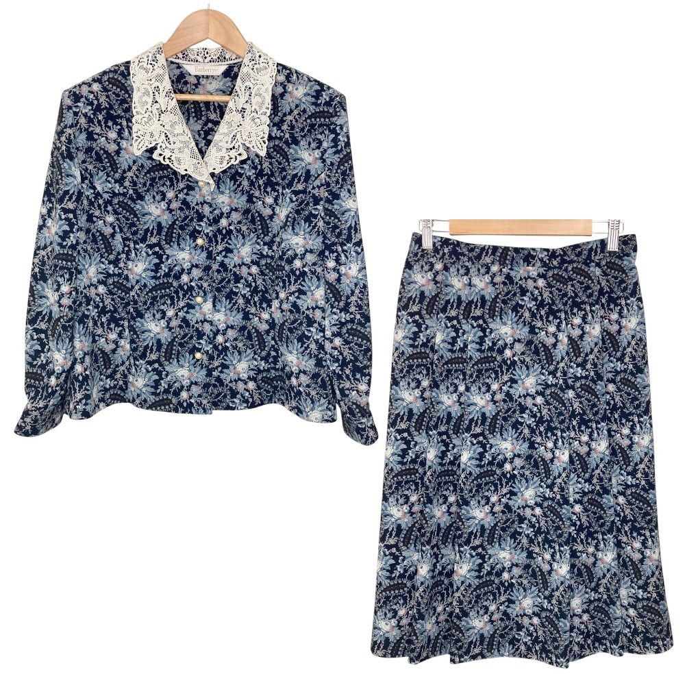 Burberrys バーバリーズ レースカラージャケット イージーフ スカート セットアップ 大きいサイズ13 BR ネイビー レディース 古着