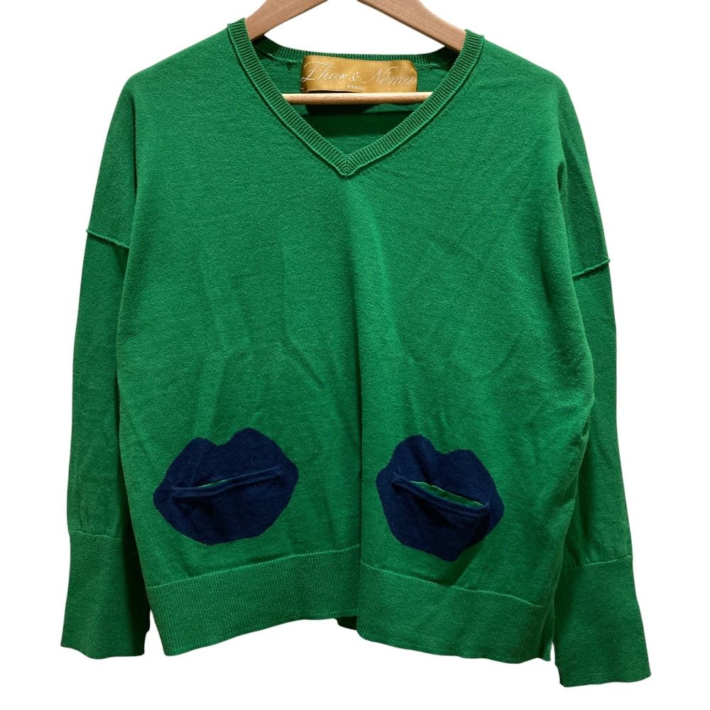 ZHOR-NEMA ゾーアンドネマ リップポケット Vネック ニットカットソー Sサイズ グリーン レディース 古着