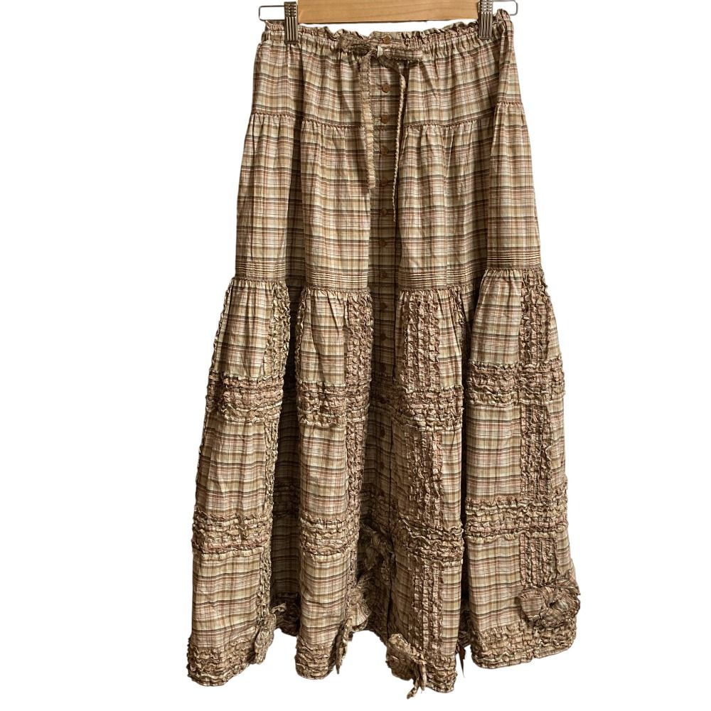 PINK HOUSE ピンクハウス チェック フリル リボン ロングスカート ピンクベージュ レディース 古着