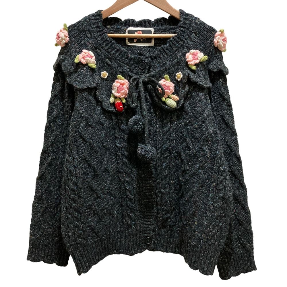 ピンクハウス　Berry Roseモチーフ付きヨーク編みニットカーディガン　茶色 美品 PINK HOUSE ピンクハウス Berry Roseモチーフ付きヨーク編み