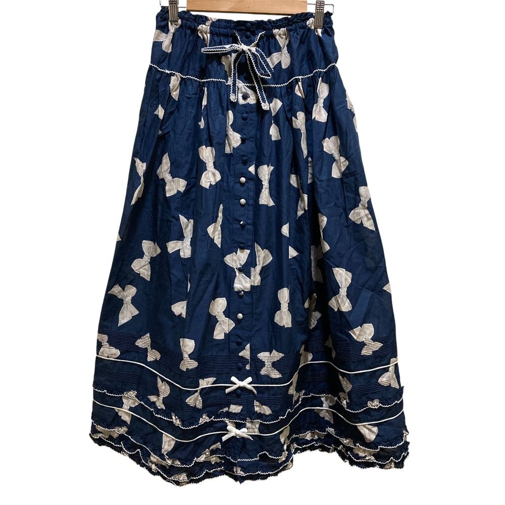 PINK HOUSE ピンクハウス ベルベットリボンプリントスカート ブルー レディース 古着