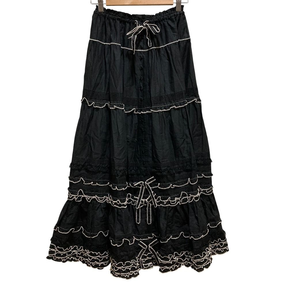 PINK HOUSE ピンクハウス ピコフリル リボン 段々ティアード ロングスカート ブラック レディース 古着