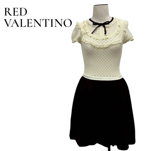 E007 RED VALENTINO ニットワンピース ブラック ホワイト 半袖 XS