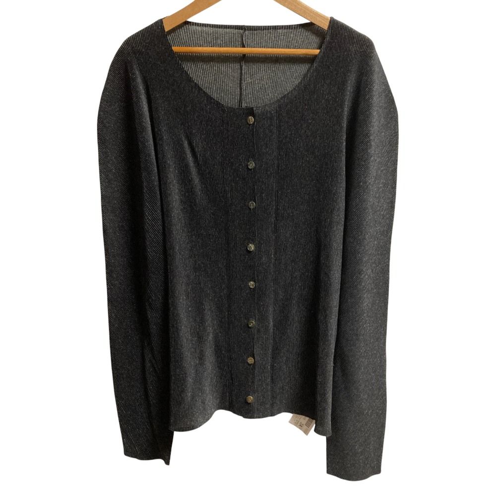 PLEATS PLEASE プリーツプリーズ イッセイミヤケ メランジプリント クルーネック カーディガン PP 21-FO 109 サイズ3 ブラック レディース 古着