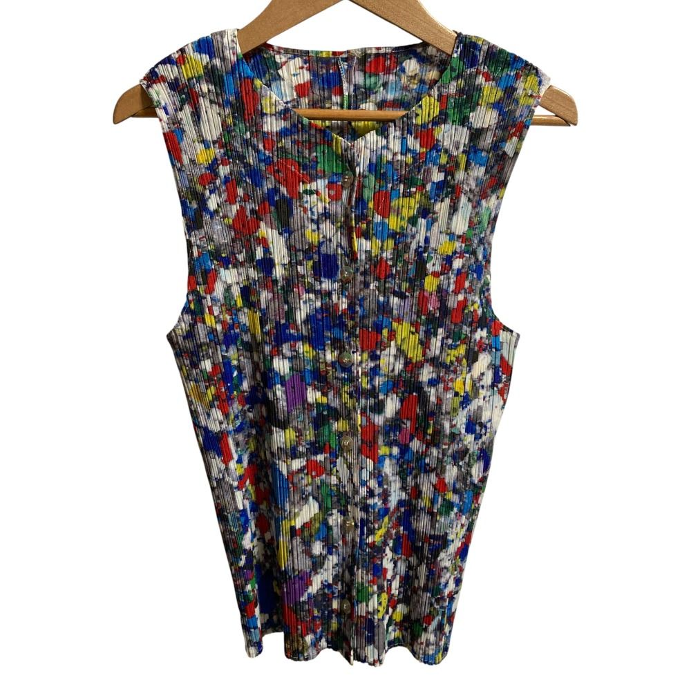 PLEATS PLEASE プリーツプリーズ イッセイミヤケ クルーネック ベスト PP 96-JE 021 サイズ3 マルチカラー レディース 古着