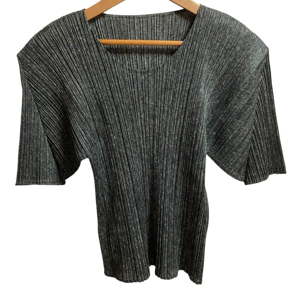 PLEATS PLEASE プリーツプリーズ イッセイミヤケ メランジプリント クルーネック Tシャツ PP 02-JK 804 サイズ3 グレー レディース 古着