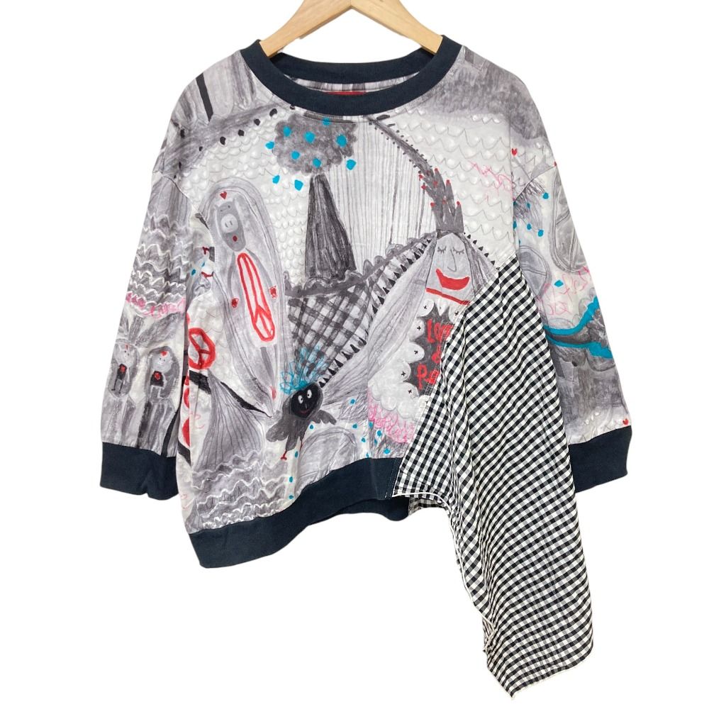 OLLEBOREBLA ALBEROBELLO オレボレブラ アルベロベロ ぶたさん プリント チェック 切り替え カットソー プルオーバー グレー レディース 古着