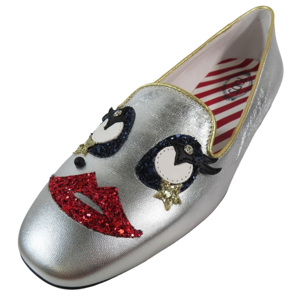 ♥ TOD S トッズ FLAT サーカス ゴンミーニ ローファー フラットシューズ スリッポン グリッター レザー 35 シルバー レディース 古着