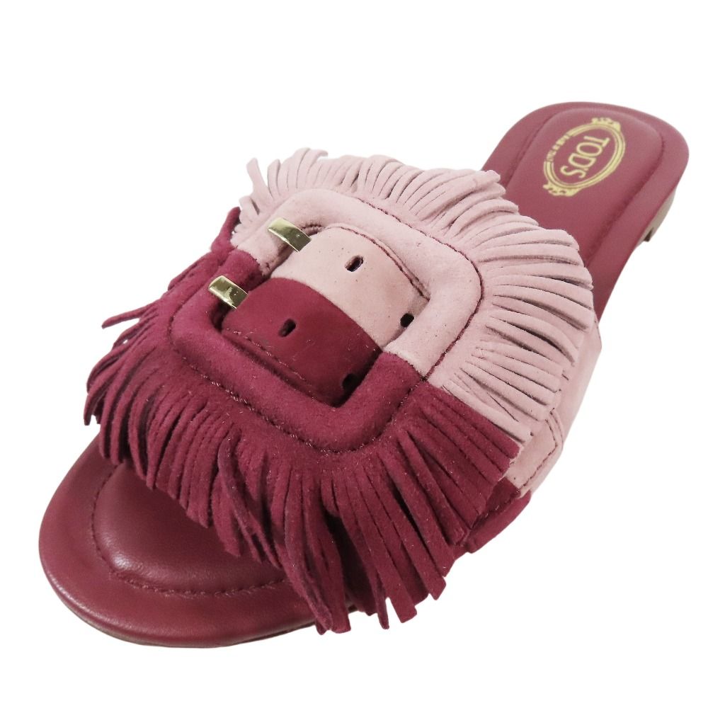 ♥ TOD S トッズ ミュール フラットサンダル フリンジ バックル シューズ スエード レザー 35.5 バーガンディ ピンク レディース 古着