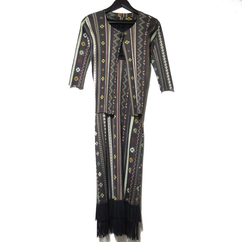 PLEATS PLEASE プリーツプリーズ イッセイミヤケ ネイティブ柄 フリンジ アンサンブルワンピース サイズ3 ブラウン系 レディース 古着