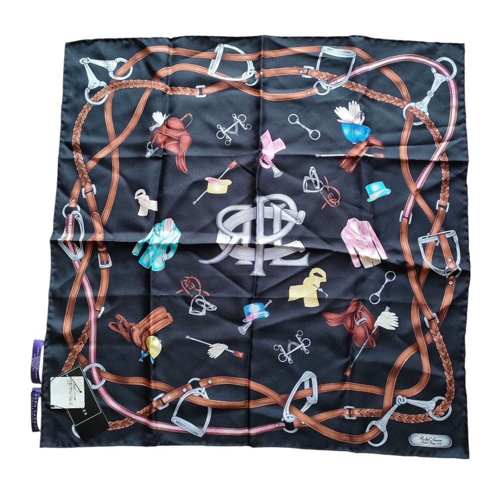 ♥ RALPH LAUREN ラルフローレン パープルレーベル コレクション シルク100％ ファッション柄 バンダナ スカーフ ブラック レディース 古着