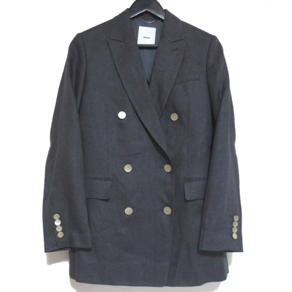 25 SS ebure エブール ミディアムリネンツイル ダブルブレスト テーラードジャケット サイズ36 グレー レディース 古着