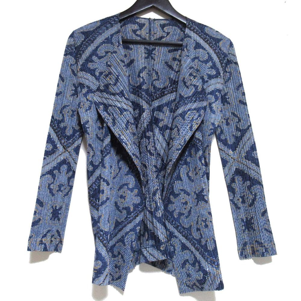 プリーツプリーズ イッセイミヤケ デニム柄 転写プリント オープンフロント カーディガン ブラウス PP 91-J 0568 サイズ3 ブルー レディース 古着