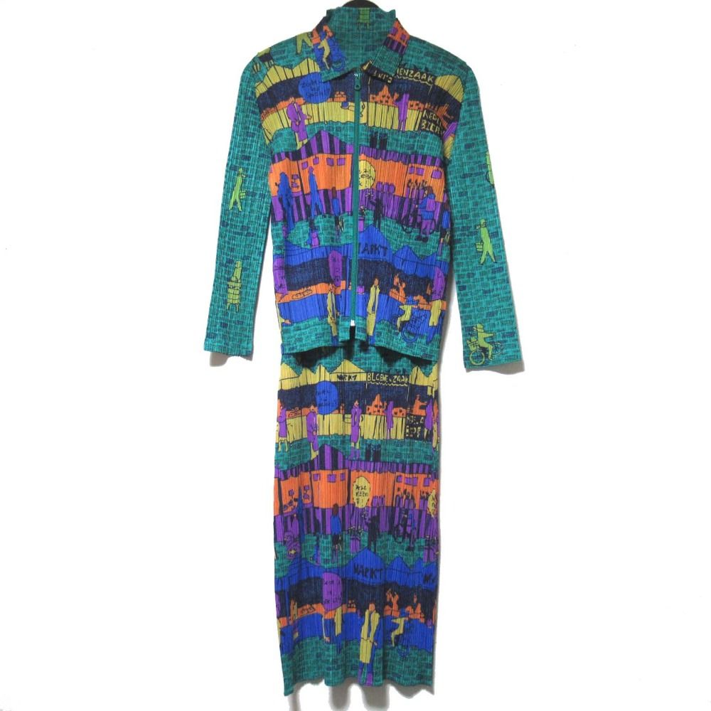 PLEATS PLEASE ISSEY MIYAKE プリーツプリーズ イッセイミヤケ 石畳の街の風景 アンサンブルワンピース サイズ3 グリーン系 レディース 古着