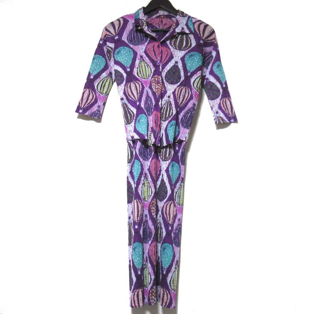 PLEATS PLEASE ISSEY MIYAKE プリーツプリーズ イッセイミヤケ 気球柄 七分袖ブラウス アンサンブルワンピース パープル系 レディース 古着