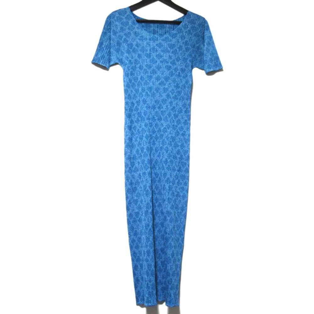 PLEATS PLEASE ISSEY MIYAKE プリーツプリーズ イッセイミヤケ 総柄 半袖 ロング丈 ワンピース PP 73-JH 106 サイズ3 ブルー レディース 古着