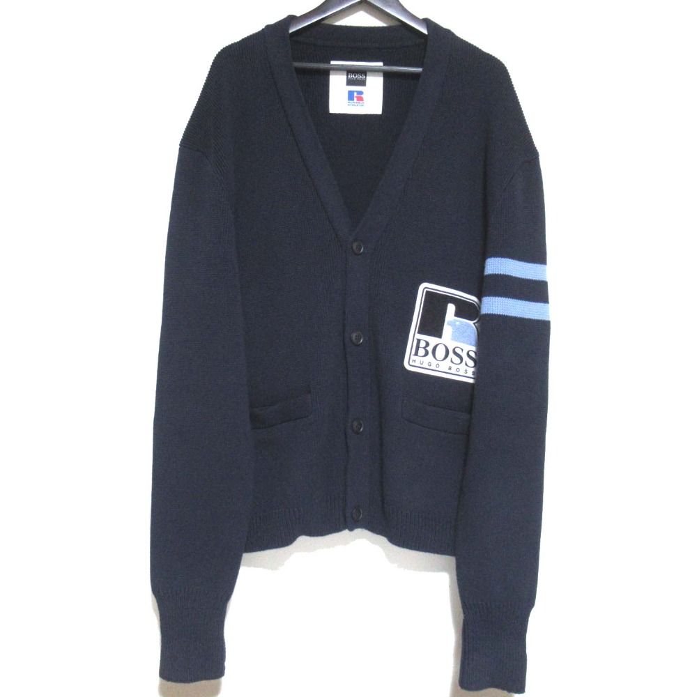 HUGO BOSS×RUSSELL ATHLETIC ヒューゴボス×ラッセルアスレチック ロゴワッペン ニットカーディガン ネイビー メンズ 古着