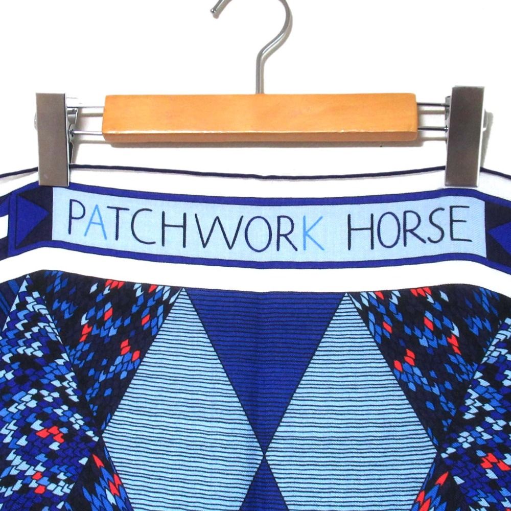 HERMES エルメス カレジェアン カレ140 PATCHWORK HORSE パッチワークの馬 カシミヤシルク 大判 ストール ショール ブルー系 レディース 古着
