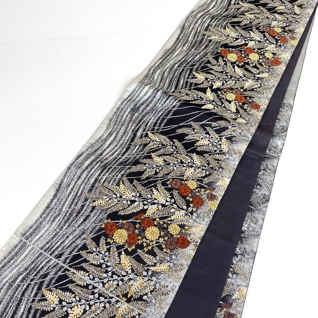 着物と帯 時流 F 2537◆正絹 袋帯◆長尺 黒 シルバー 箔霜華