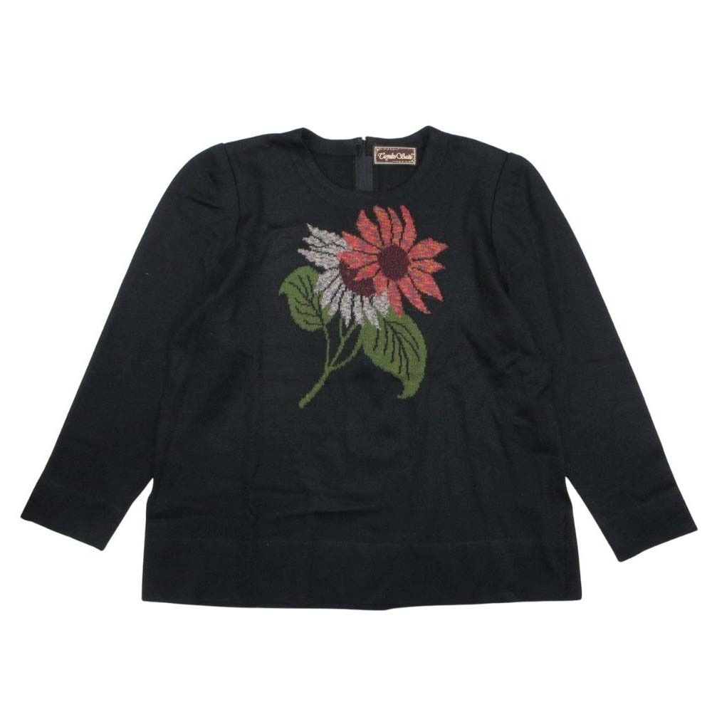 斎藤都世子 トヨコサイトウ ひまわり 花柄 長袖 ニット セーター バックジップ プルオーバー トップス 黒 ブラック レディース 古着