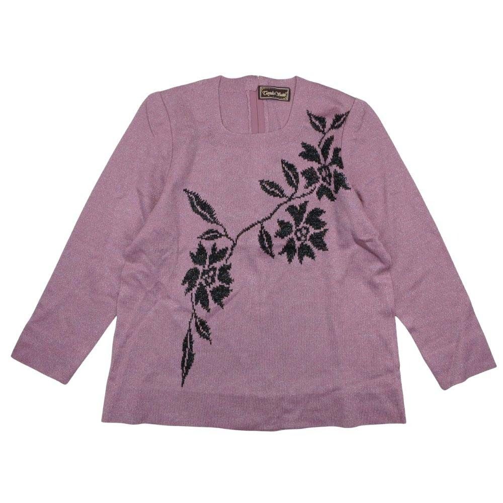 斎藤都世子 トヨコサイトウ 長袖 花柄 ラメ チュニック ニット セーター プルオーバー トップス 紫 パープル系 レディース 古着