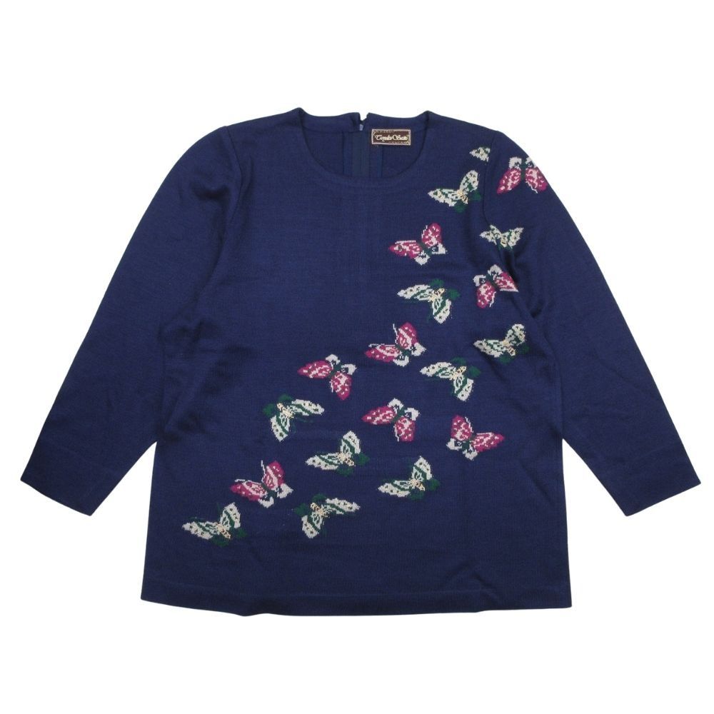 斎藤都世子 トヨコサイトウ 蝶々 バタフライ ニット セーター チュニック プルオーバー トップス 青 ブルー レディース 古着
