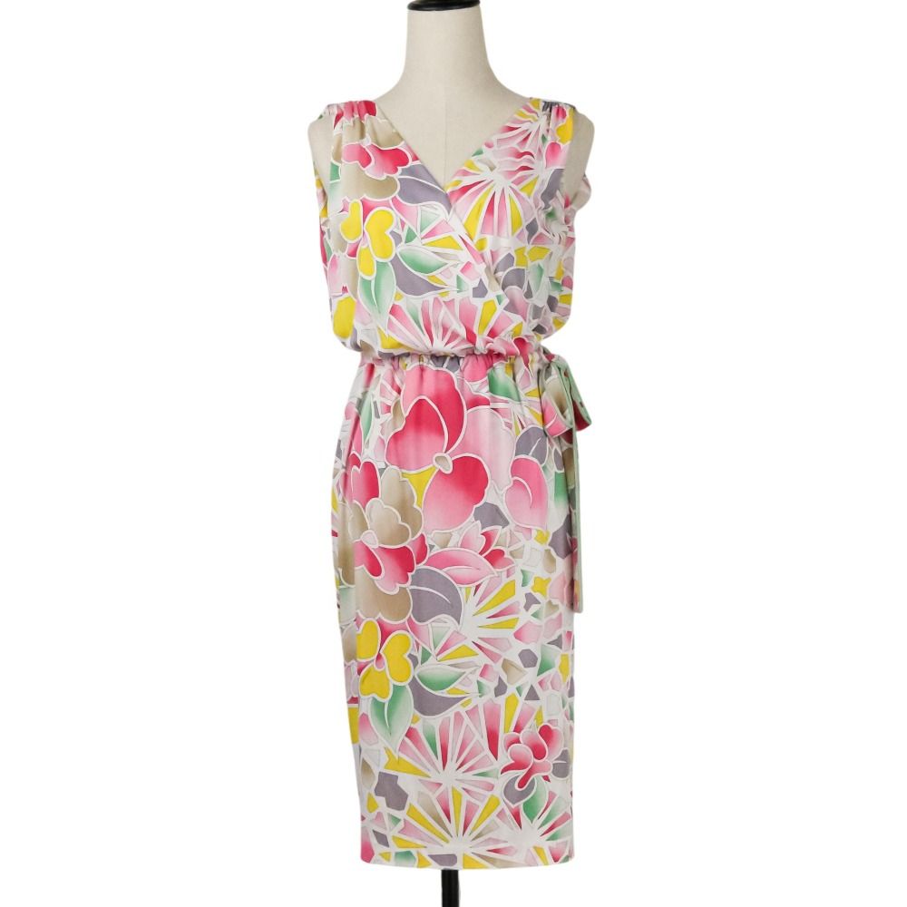 LEONARD FASHION レオナールファッション カンカン素材 カシュクール ノースリーブ ワンピース サイズ2 ピンク レディース 古着