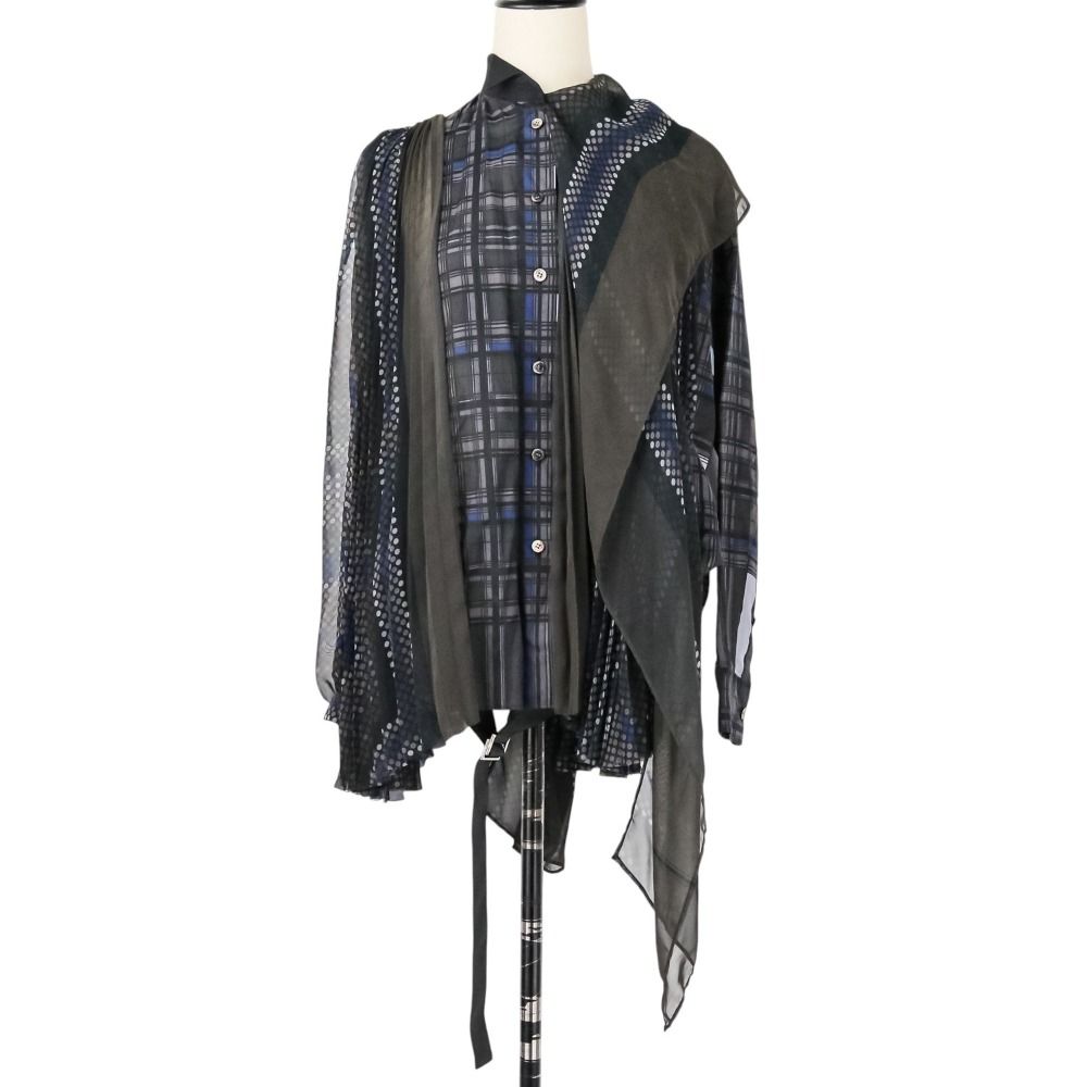 sacai サカイ シフォンアシンメトリー ドッキング シアーブラウス 14-02044 サイズ1 ブラック レディース 古着