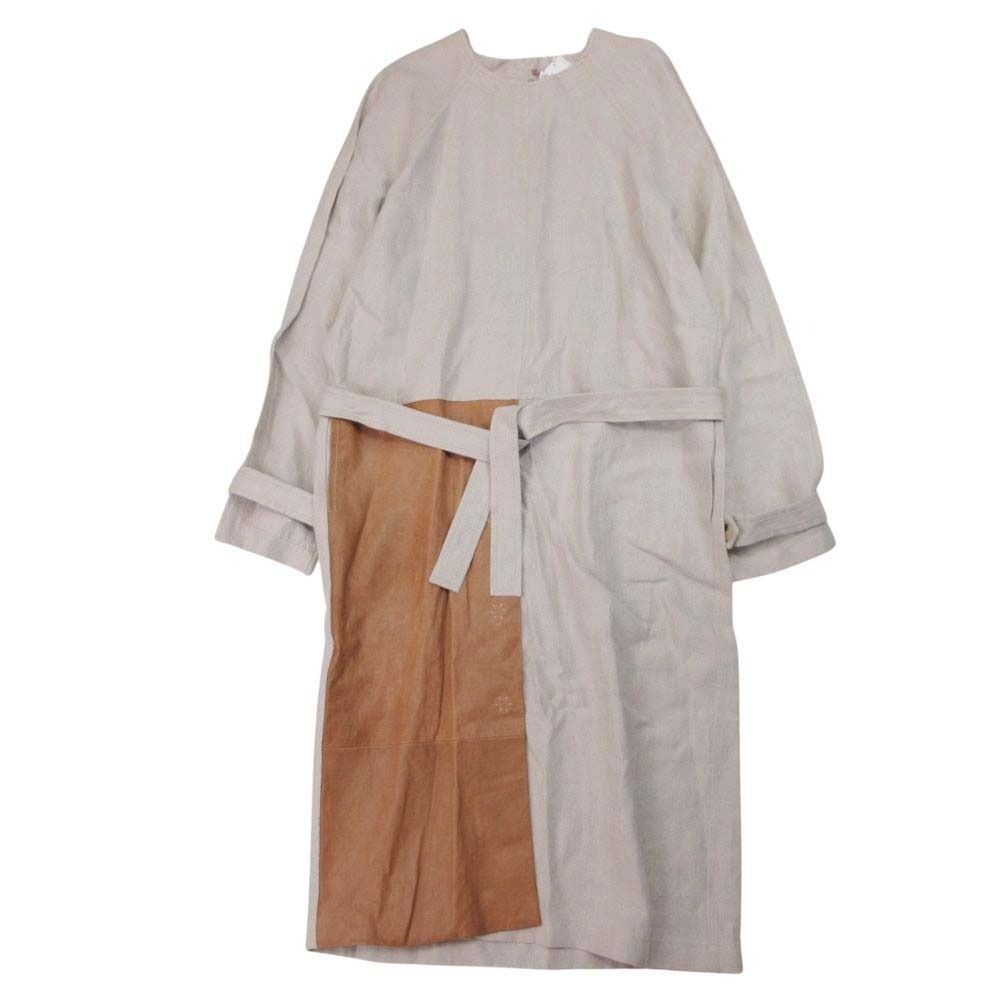 ♥ 18 ss NEHERA ネヘラ ダリエル クラシック リネン ドレス ワンピース リネン×レザー ドッキング 長袖 36 ベージュ レディース 古着