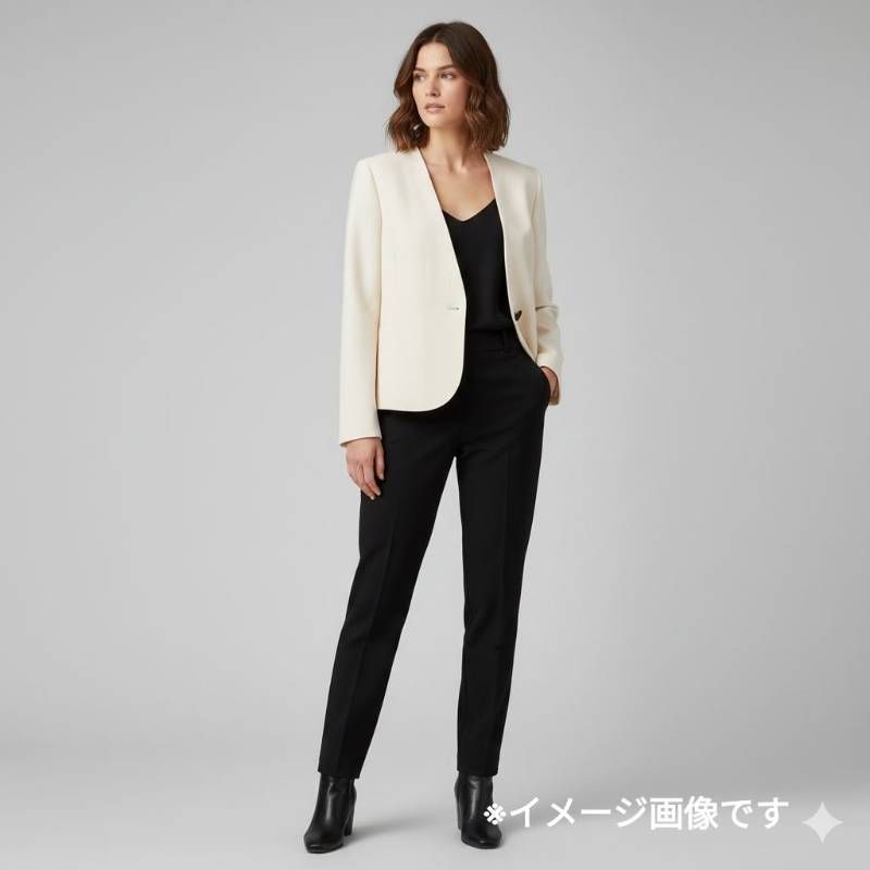 BEIGE,ベイジ ノーカラージャケット 黒 2 オフィス ビジネス フォーマル BEIGE, ノーカラージャケット カラーレス アイボリー ホワイト