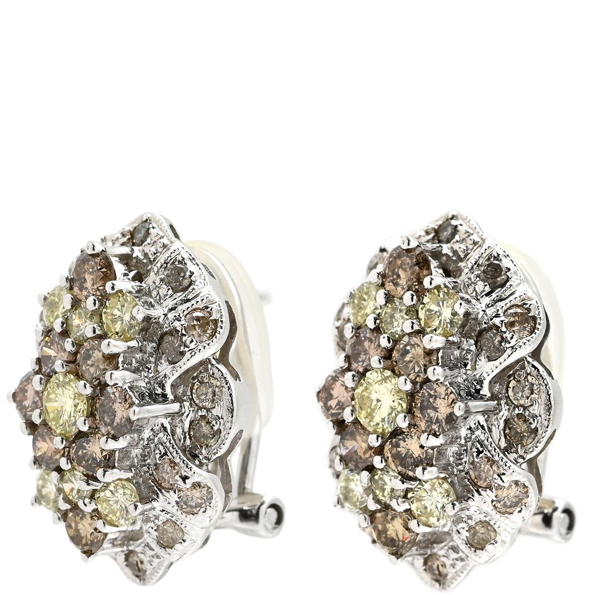 ピアス ダイヤピアス ホワイトゴールド 18 K Au 750 WG 両耳用 フラワー クラスターデザイン1.00 ct ブラウンダイヤ イエローダイヤ