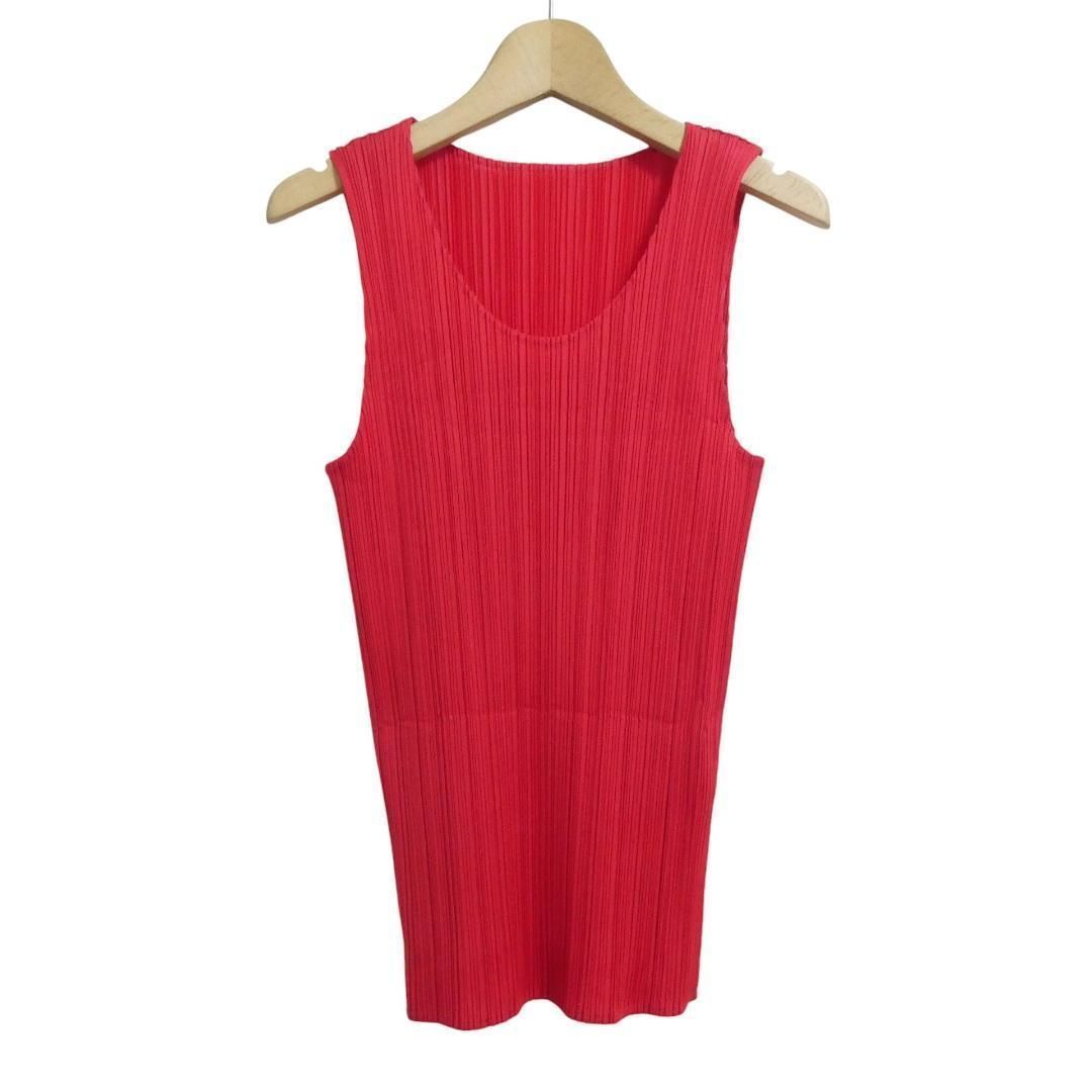 極美品☆PLEATS PLEASE プリーツプリーズ イッセイミヤケ PP63-JK521 ガネーシャ ノースリーブ カットソー レッド系 3 正規品 レディース 美品 PLEATS PLEASE ISSEY MIYAKE プリーツプリーズ イッセイミヤケ