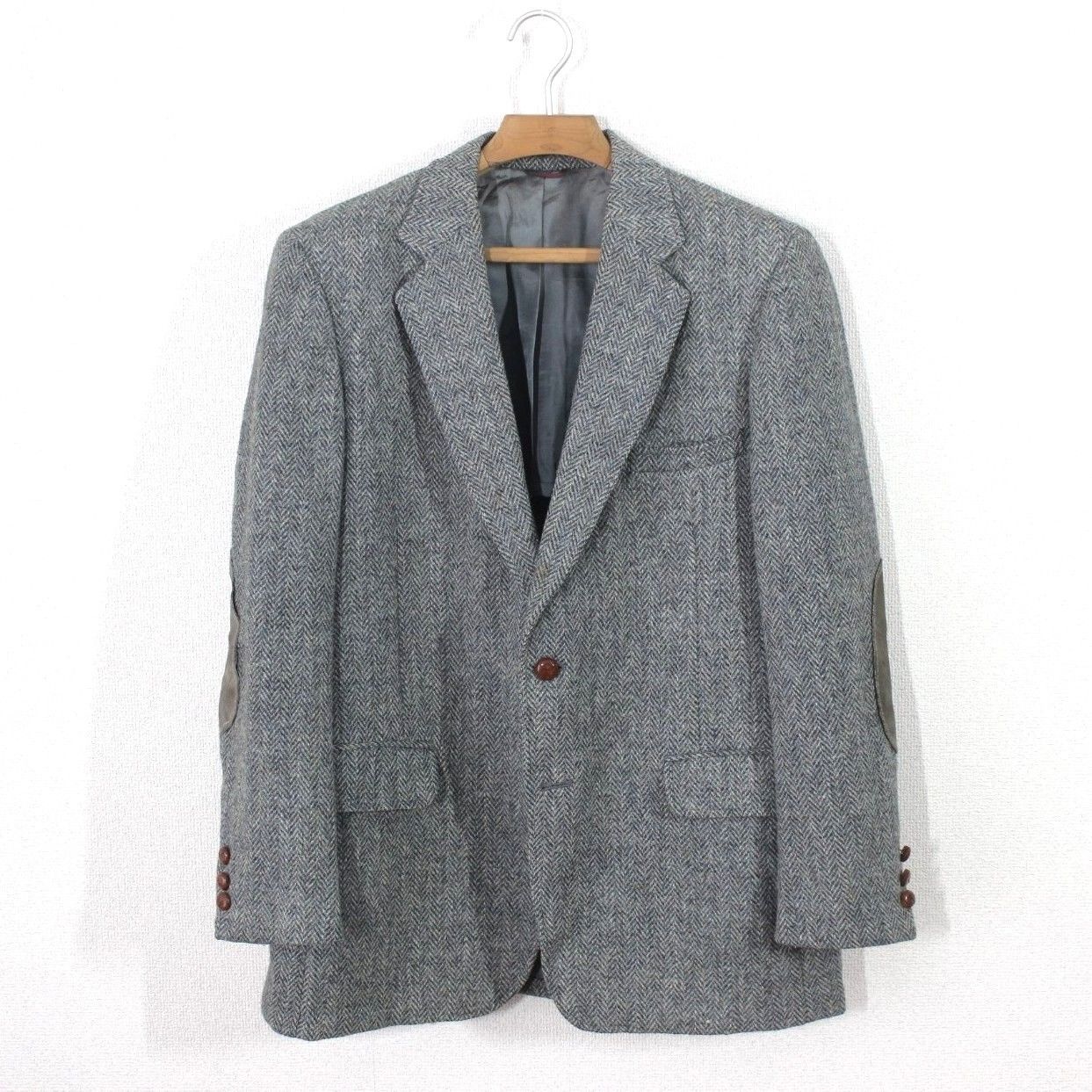 39 ハリスツイード ジャケット A 7 LL XL メンズ エルボパッチ付き グレー ヘリンボーン Harris Tweed 秋冬