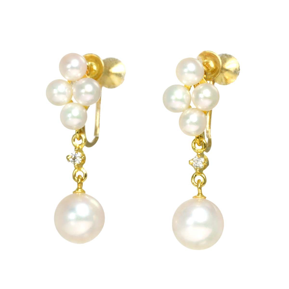 ミキモト MIKIMOTO アコヤ真珠 6.5-3.5mm ダイヤ イヤリング K18 YG 