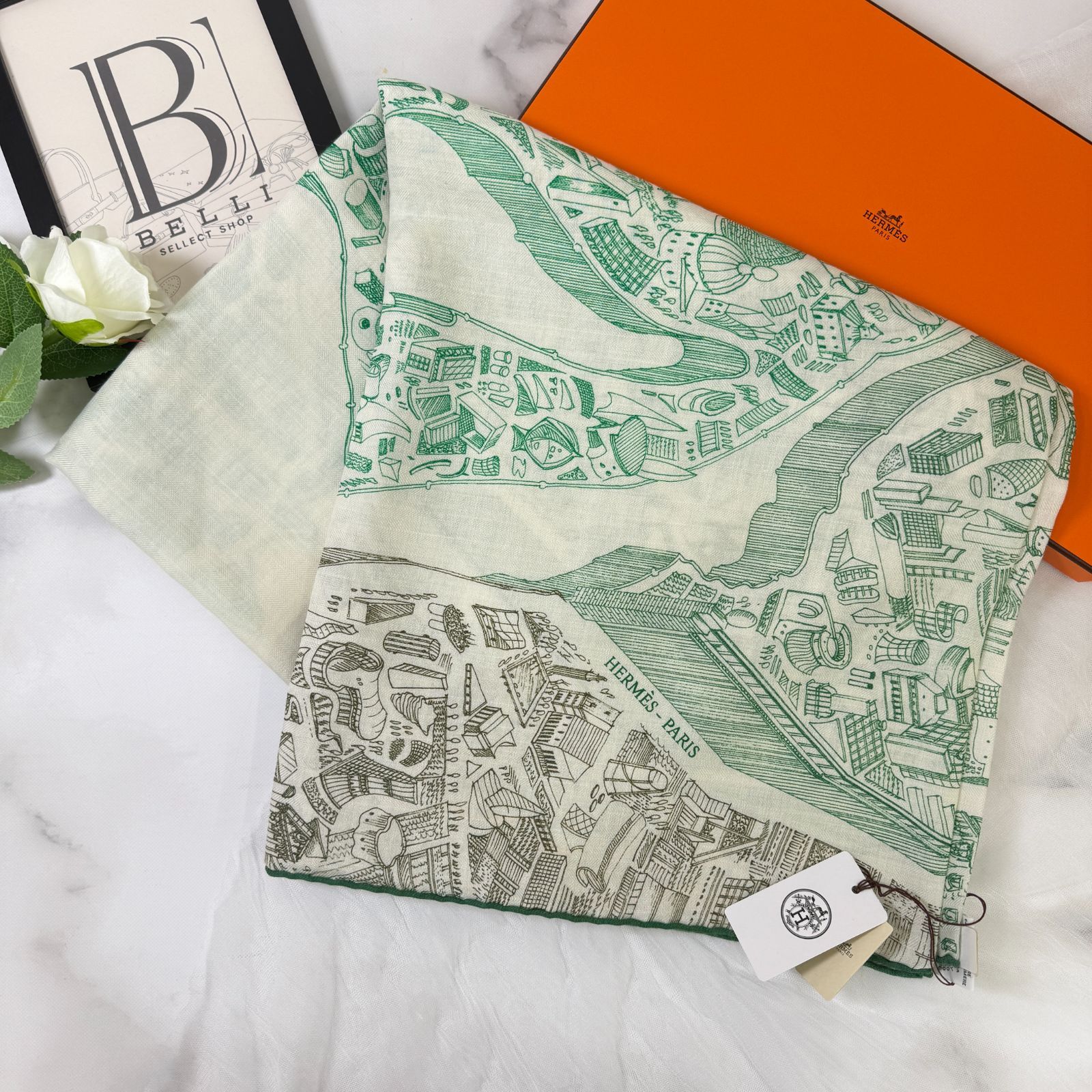 鑑定済み ♥ エルメス カレジェアン 140 ヌーベル シテ カヴァリエール ホワイト グリーン ヴェール ヴィフ カーキ ベージュ カシシル ストール ショール 馬