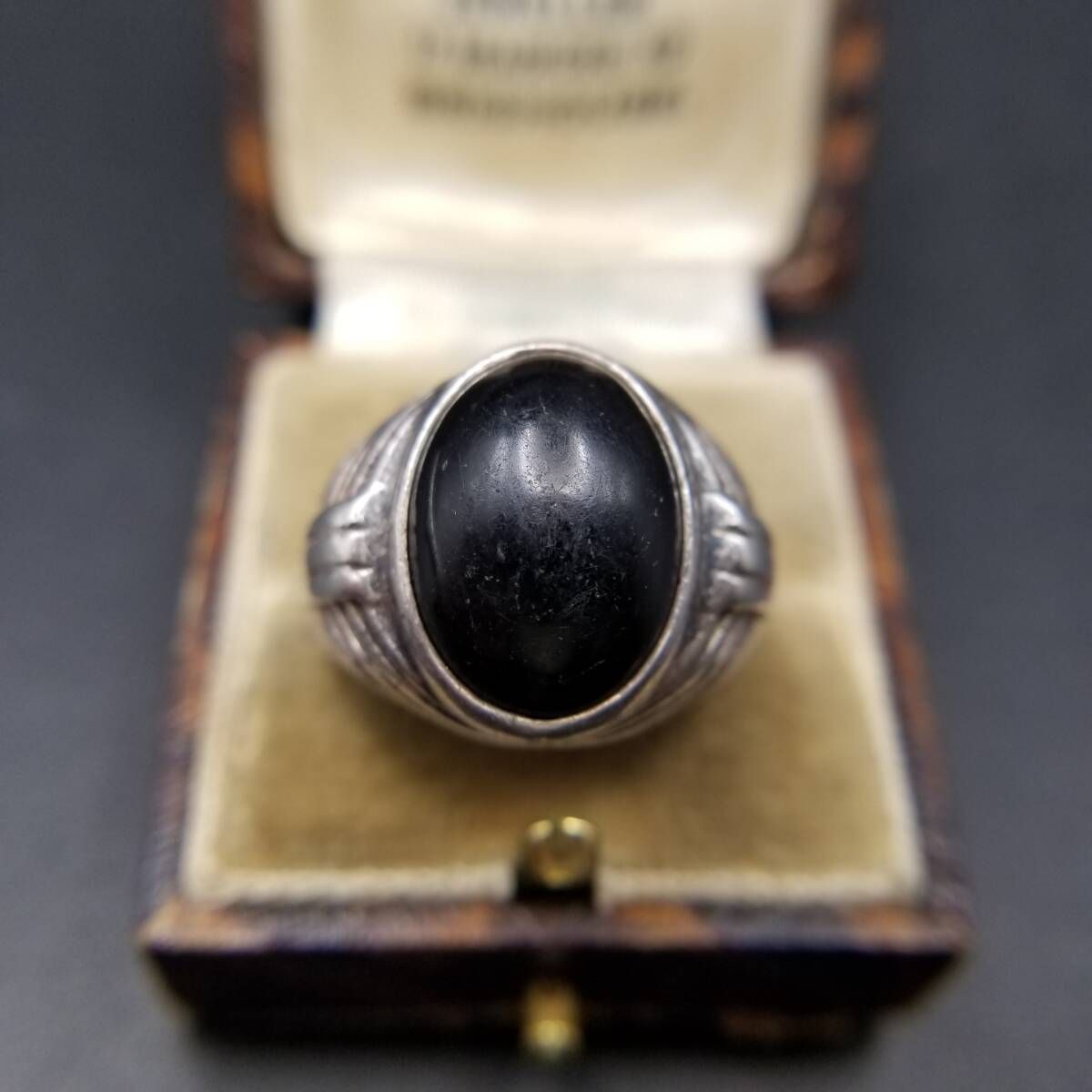 50 60 s 英国 ヴィンテージ 大粒 オニキス カボション 925 シルバー シグネット リング 指輪 銀 アールデコ Birmingham ホールマーク Y 25-Q