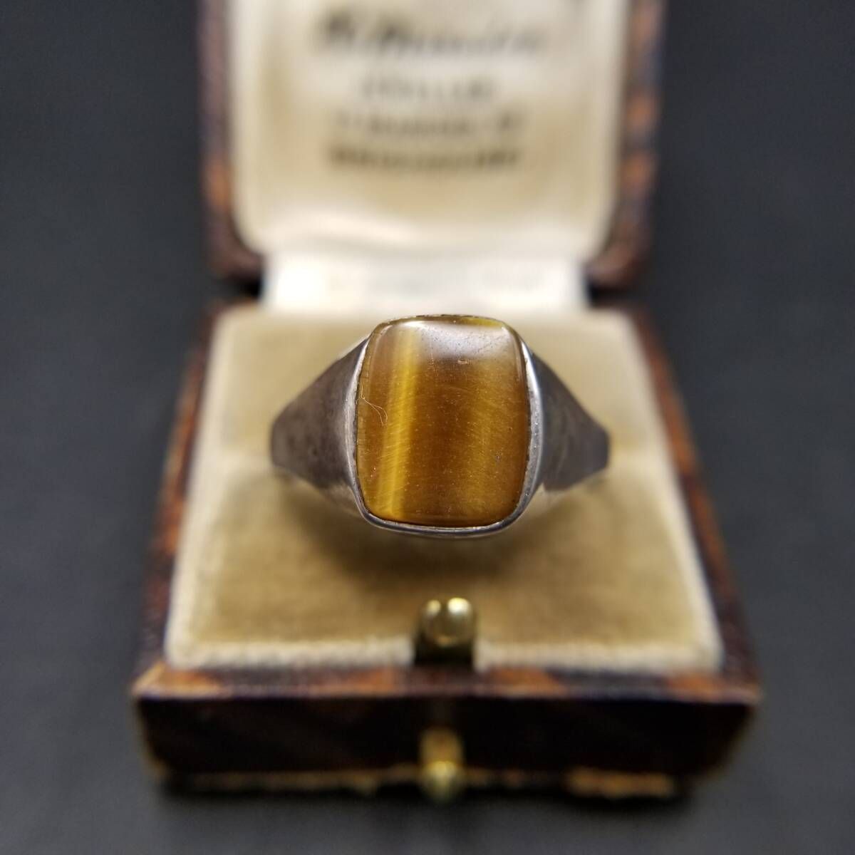 1983年 英国 ヴィンテージ タイガーアイ インレイ レクタングル 925 シルバー シグネット リング 銀 指輪 メンズ Edinburgh Y 25-Q