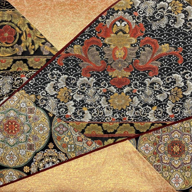 たんす屋 リユース帯 帯 袋帯 金 黒 フォーマル セミフォーマル 六通 切箔 金糸 銀糸 色糸 切り嵌め 華文 華唐草 オリエンタル