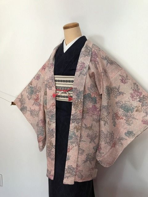 Mサイズ 羽織 正絹 ピンクぼかし地に薔薇模様