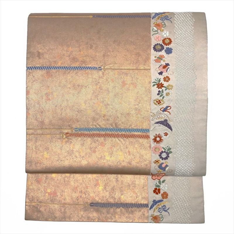 たんす屋 リユース帯 帯 袋帯 金 白 フォーマル セミフォーマル 六通 切箔 金糸 銀糸 色糸 宝尽くし 鹿の子 四季花