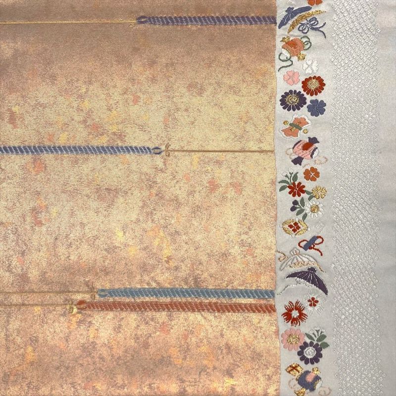 たんす屋 リユース帯 帯 袋帯 金 白 フォーマル セミフォーマル 六通 切箔 金糸 銀糸 色糸 宝尽くし 鹿の子 四季花