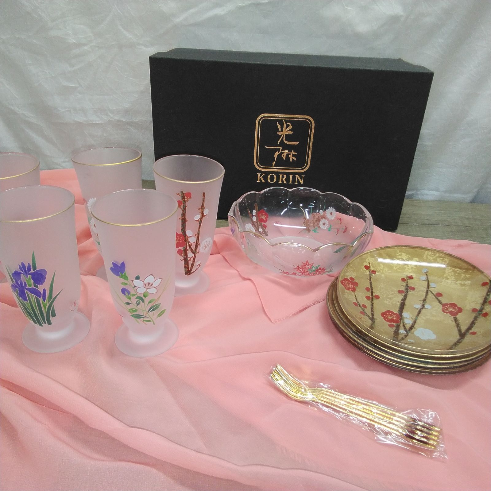 硝子食器 光琳 和菓子セット 深皿＆小皿＆ミニグラス＆フォーク(小