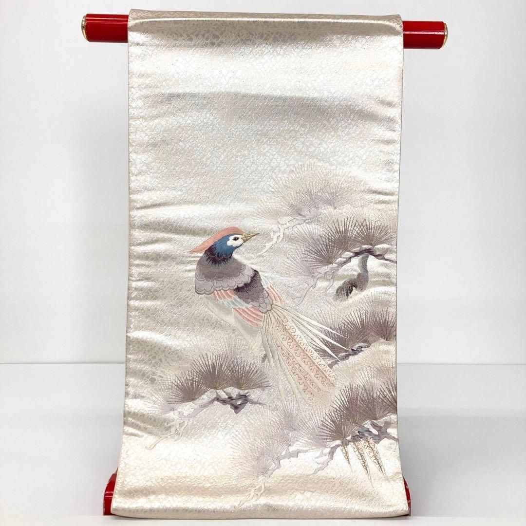 着物と帯 時流 F 241165 正絹 袋帯 鳥 刺繍 シルバー